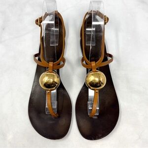 Giuseppe Zanotti Logo Gold Ball Leather Strappy Flat Sandal Gladiator Brown 37.5